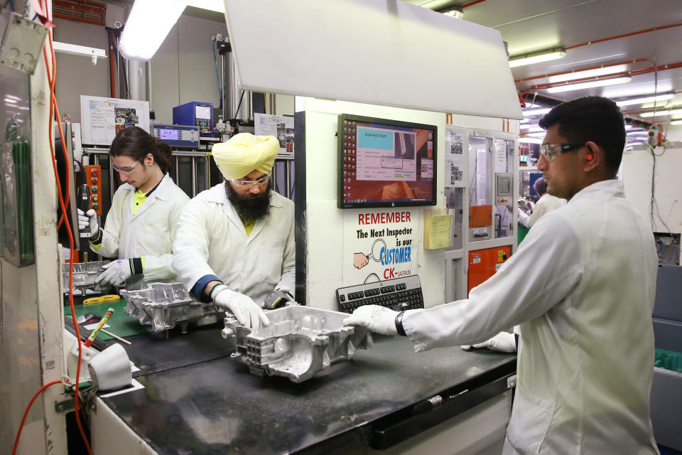 MELBOURNE, AUSTRALIA - JULY 11: Workers are seen within the Nissan Casting Plant on July 11, 2019 in Melbourne, Australia. The Nissan LEAF was launched in Australia on Wednesday, with Nissan's local manufacturing plant makes exclusive parts for the electric vehicle. The Nissan casting plant in Dandenong has been in operation for over 35 years, employing almost 300 people. Sales of hybrid vehicles and electric vehicles in Australia have doubled in the first six months of 2019, compared to the first six months of 2018, despite total new car sales fallng by 8.4 per cent. (Photo by Michael Dodge/Getty Images)