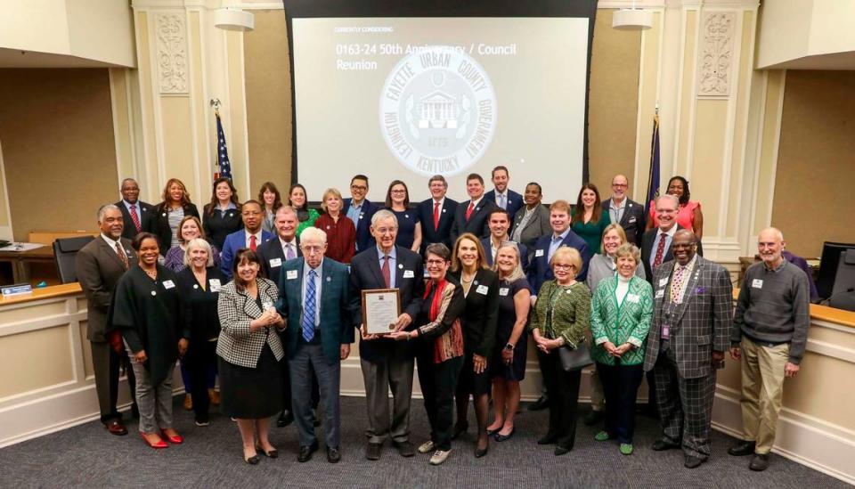 Former mayors and council members during a reception celebrating the 50th anniversary celebration of the start of Lexington’s merged government at the Government Center March 21, 2024. Amy Wallot /LFUCG