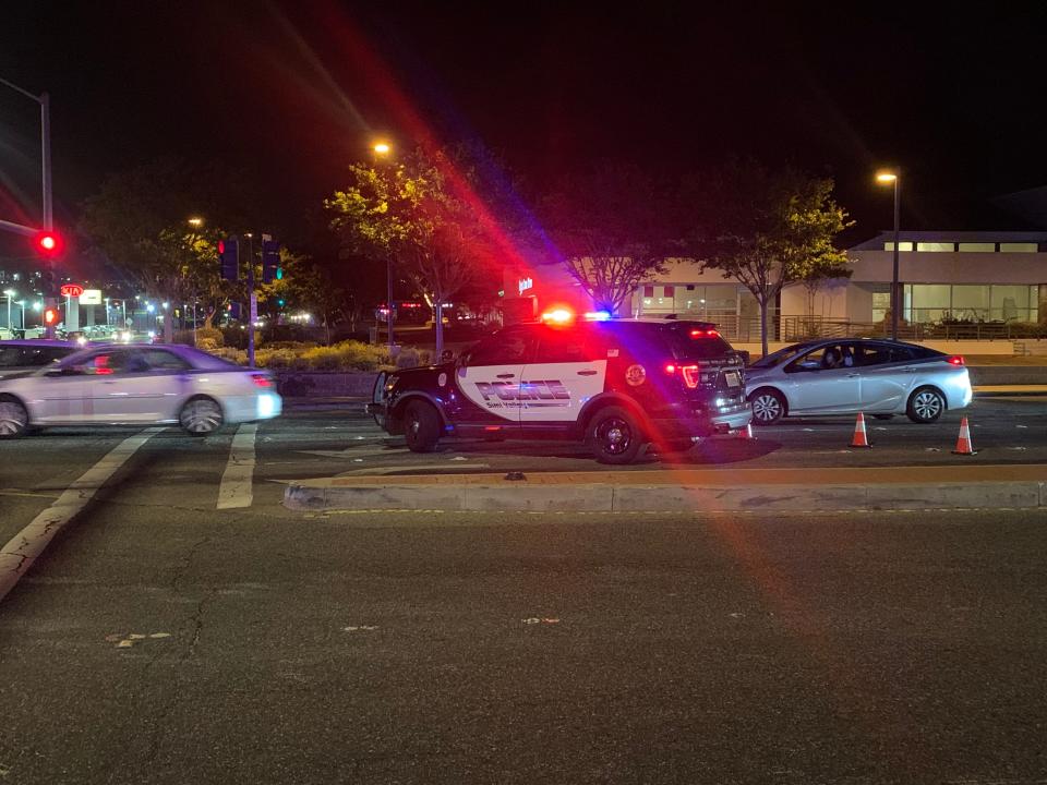 Simi Valley Police Department vehicles blocked off the area around First Street and Los Angeles Avenue after a fatal officer-involved shooting on April 28.