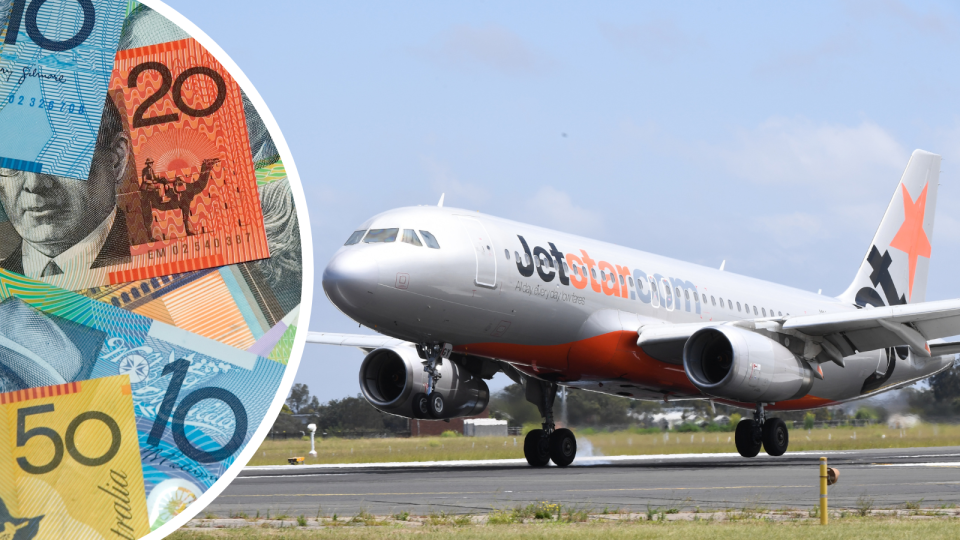 Australian money notes and Jetstar airplane cheap flights. 