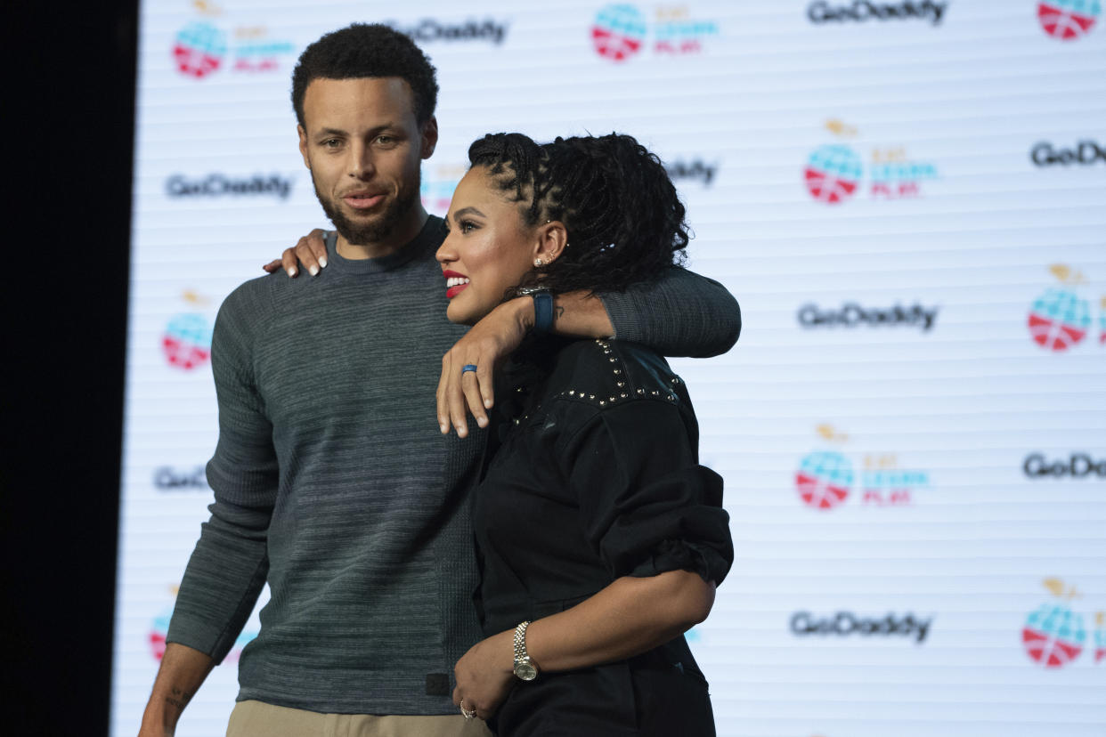 IMAGE DISTRIBUTED FOR GODADDY - Stephen Curry and Ayesha Curry launch the new Eat. Learn. Play. foundation website (www.eatlearnplay.org) powered by GoDaddy at the Midway on Tuesday, Sept. 17, 2019, in San Francisco. (Photo by Don Feria/Invision for GoDaddy/AP Images)