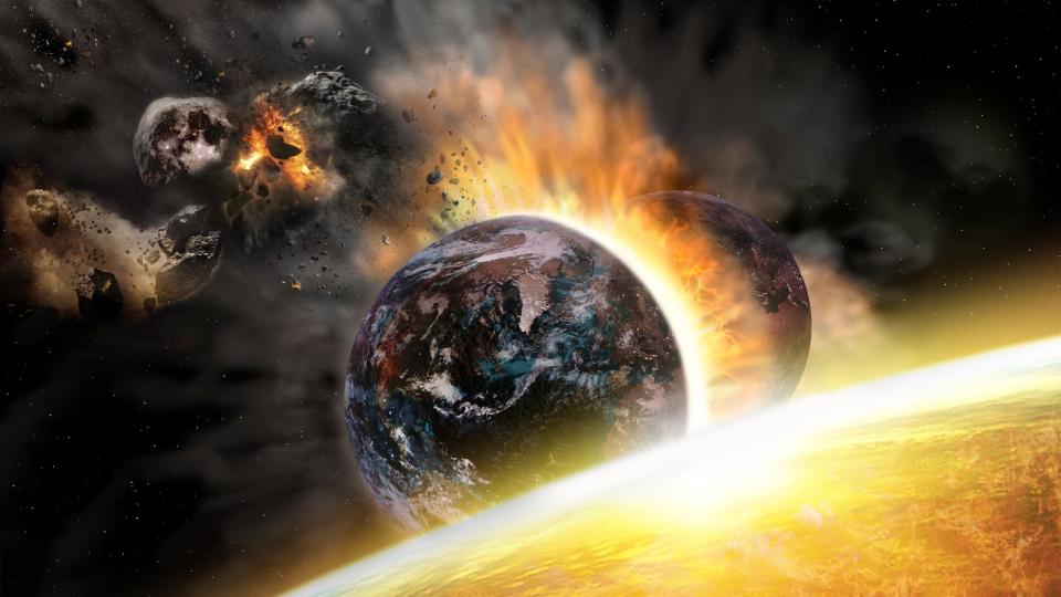 Graphic showing Earth being split in two and the moon destroyed.