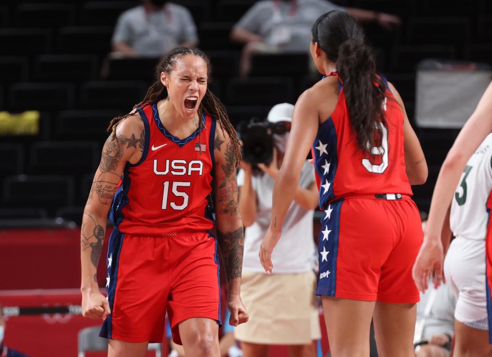 Brittney Griner reacts to a big play for Team USA.