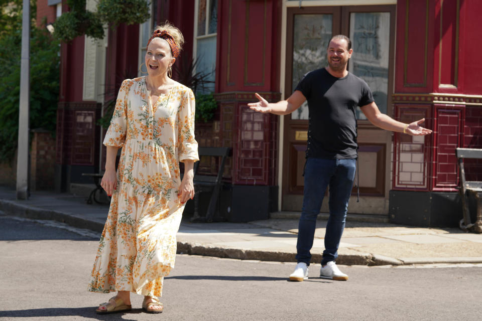 Kellie Bright and Danny Dyer stayed two metres apart when they met up on the &#39;EastEnders&#39; set. (BBC)