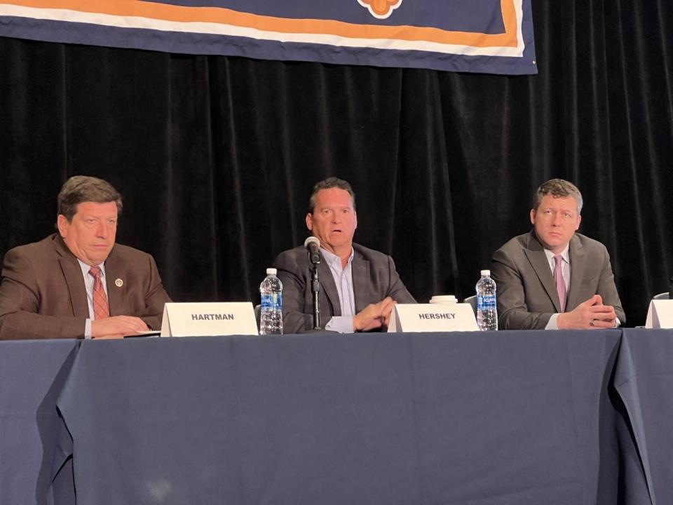 In this file photo, Maryland Senate Minority Leader Republican Steve Hershey, at center, who represents a district on the Upper Shore, speaks during the Maryland Association of Counties Winter Conference in Cambridge, Maryland on Jan. 6, 2023. Del. Wayne Hartman, at left, and former House Majority Leader Democrat Eric Luedtke, at right, discussed the upcoming budget process.