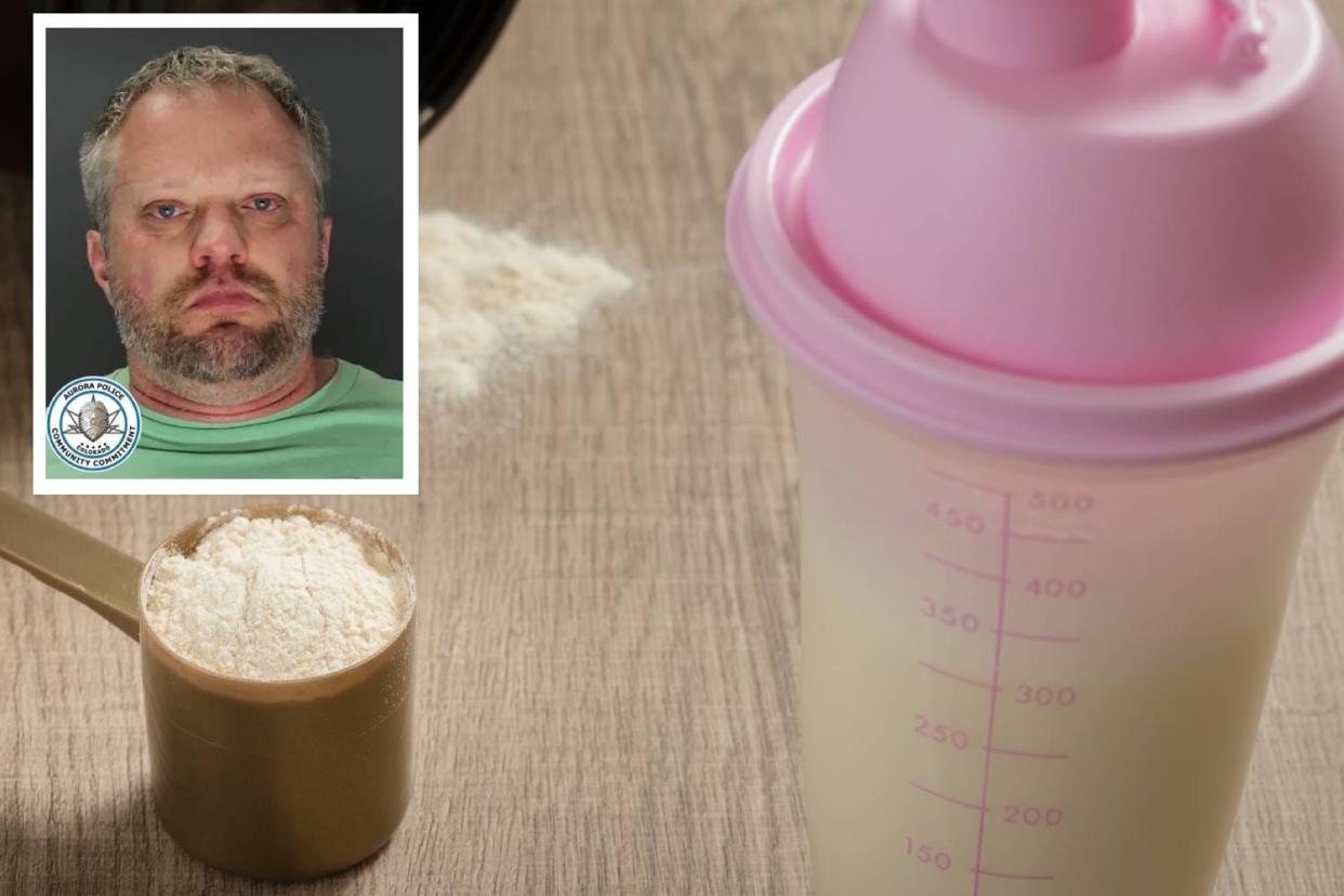 James Toliver Craig's mugshot in front of a stock image of a protein shaker.