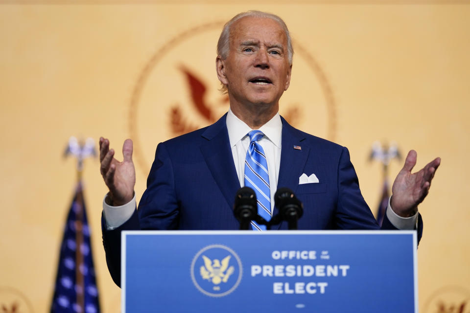 President-elect Joe Biden speaks on Nov. 25, 2020, in Wilmington, Del. (Carolyn Kaster/AP)