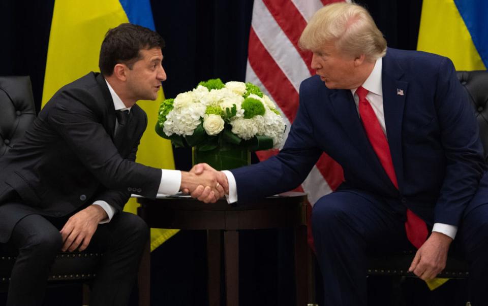 President Donald Trump and Ukrainian President Volodymyr Zelensky shake hands during a meeting in New York on Wednesday on the sidelines of the United Nations General Assembly.
