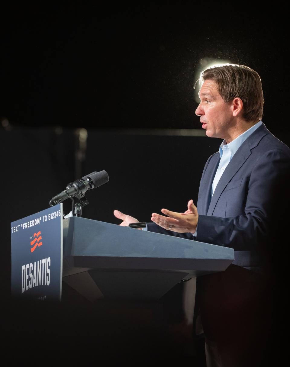 Republican presidential candidate Florida Gov. Ron DeSantis speaks during a campaign event in Clive, Tuesday, May 30, 2023. 