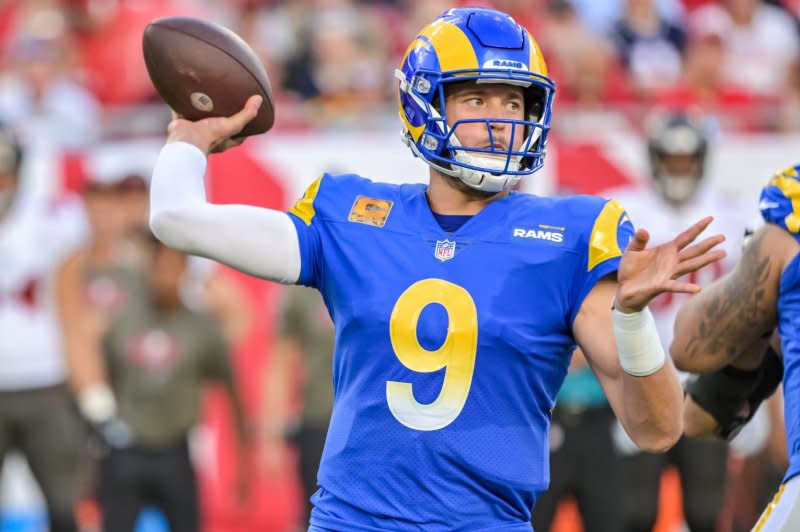 Los Angeles Rams quarterback Matthew Stafford tied his career-high with 41 touchdown passes in 2021, but missed eight games last season because of injuries, including concussions. File Photo by Steve Nesius/UPI