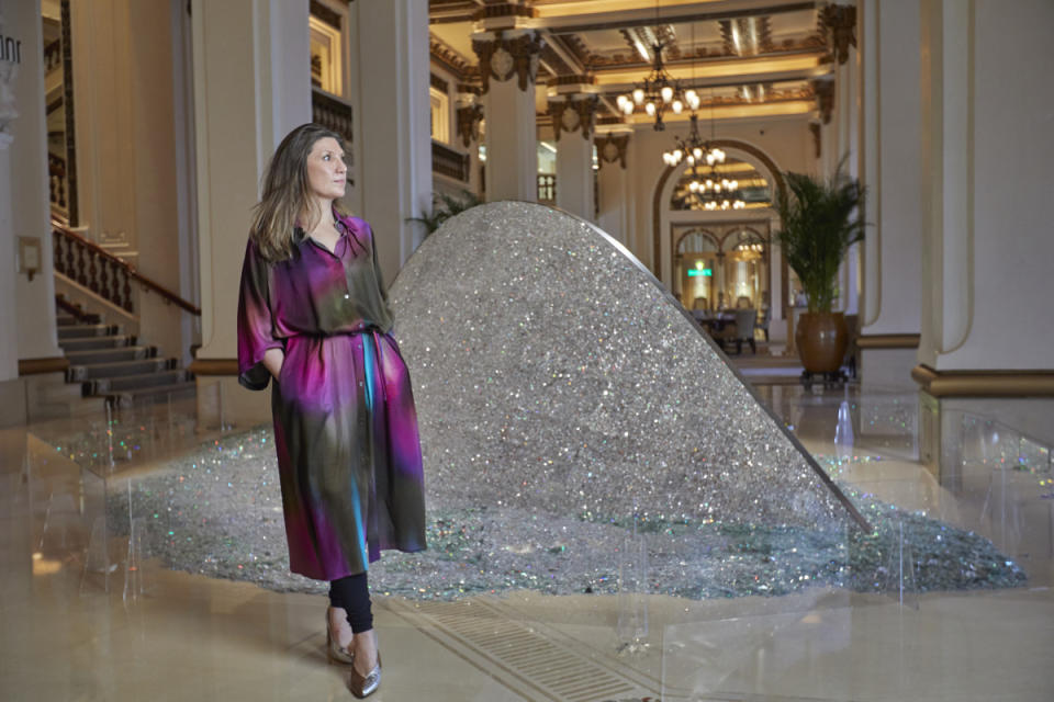 Elise Morin, with her glittering artwork "<em>SOLI" for Art In Resonance 2024</em><p>Courtesy of The Peninsula Hong Kong</p>