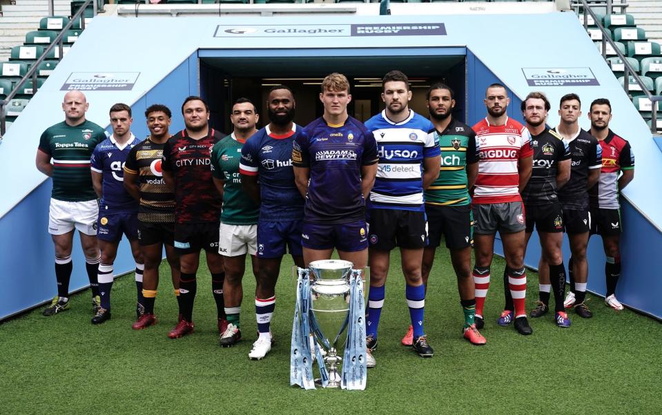 Leicester Rugby's Dan Cole, Sale Sharks' George Ford, Wasps' Gabriel Oghre, Exeter's Stuart Hogg, London Irish's Gus Creevy, Bristol Bears' Semi Radradra, Worcester Warriors Ted Hill, Bath Rugby's Charlie Ewels, Northampton Saints' Lewis Ludlam, Gloucester's Lewis Ludlow, Exeter's Stuart Hogg, Newcastle Falcons' Adam Radwan, and Harlequins' Danny Care during the Gallagher Premiership season launch at Twickenham Stadium, London - Aaron Chown/PA Wire