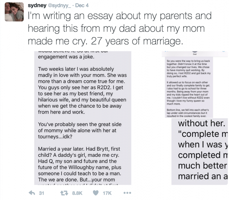 Sydney was writing an essay about her parents and sent her dad a text, asking how he met her mom. Photo from Twitter.