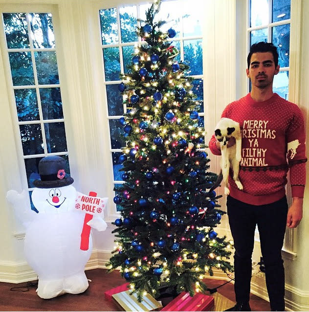 “Fröhliche Weihnachten, du schmutziges Tier”: Joe Jonas beweist auf diesem Instagram-Schnappschuss mit bitterernster Miene und Motto-Pulli subtilen Humor. (Bild: Instagram/JoeJonas)