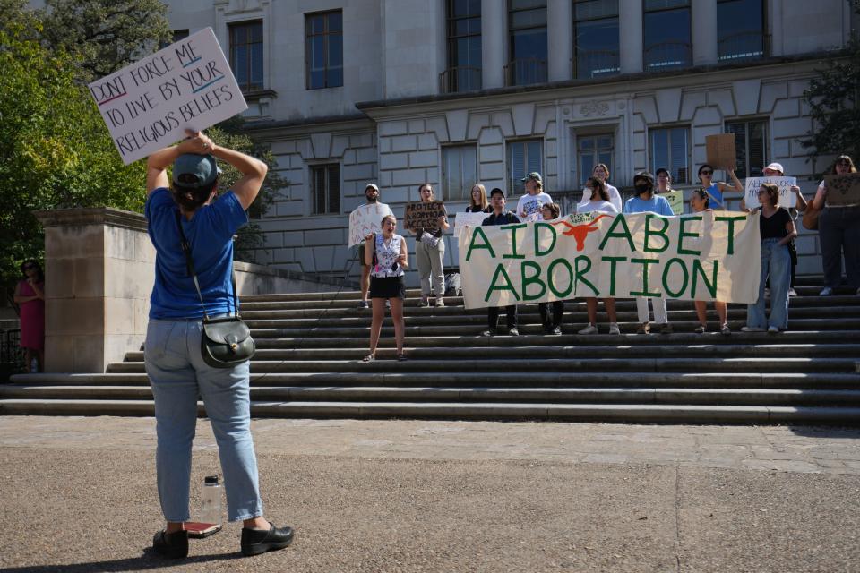 Students at 44 campuses in 25 states, including the University of Texas, held rallies, marches, resource fairs and other events Thursday to advocate for abortion access throughout the U.S., as well as for trans-inclusive policies, Plan B vending machines and improved support for student parents at their universities, according to local and national organizers.