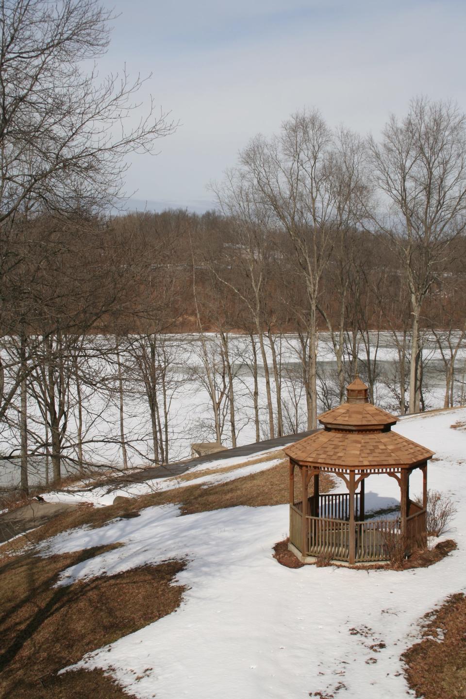 This pretty winter view can be seen just outside the lodge at Burr Oak State Park.