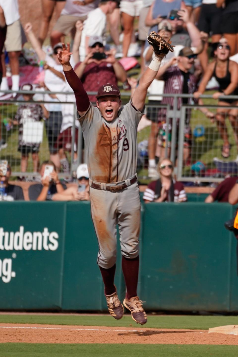 Texas A&M infielder Jack Moss celebrates after the Aggies' win over Louisville in Saturday's College Station Super Regional. A&M will face Oklahoma in the first round of the College World Series, and that winner will face either Texas or Notre Dame in the second round.