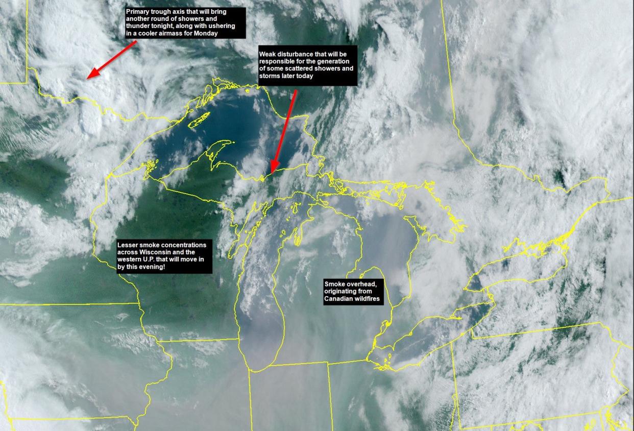 This graphic shows smoke and possible storm formations that are expected to impact Michigan on Sunday and Monday.