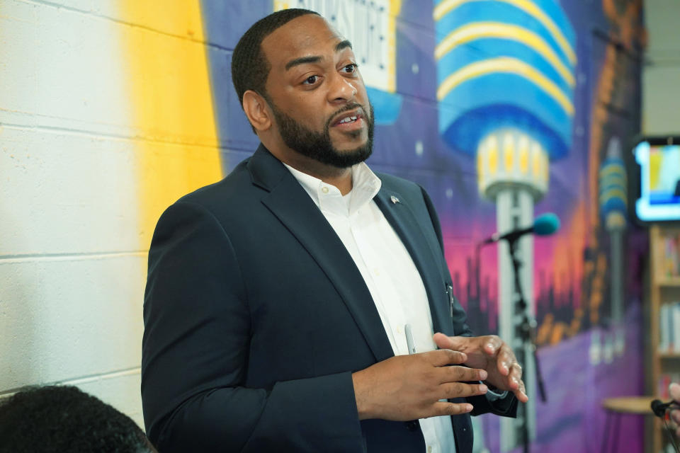 Kentucky senate candidate Charles Booker speaks at a book signing event for his memoir in Louisville, Ky. on Wednesday, ‎April ‎27, ‎2022. Booker, who has three primary opponents, is the frontrunner in the upcoming Democratic primary on May 17. (AP Photo/Piper Hudspeth Blackburn)