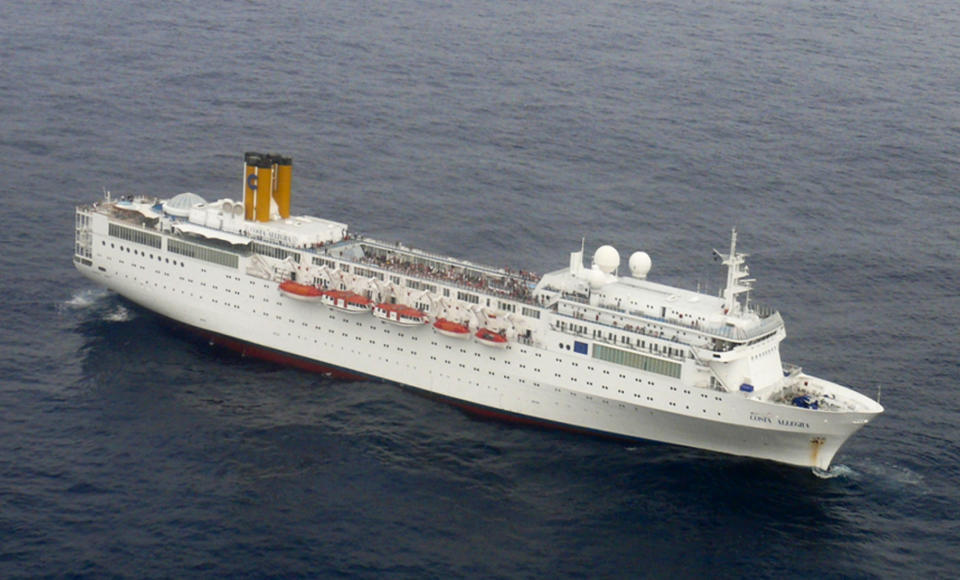 In this photo taken by the Indian Navy Monday, Feb. 27, 2012 and released by the Seychelles Office of the President on Tuesday, Feb. 28, 2012, the Costa Allegra cruise ship is seen from an airplane at sea near the Seychelles. A French fishing vessel reached the Italian cruise ship drifting powerless in the Indian Ocean overnight and was towing it to a nearby Seychelles island, the Seychelles Coast Guard said Tuesday. (AP Photo/Indian Navy via Seychelles Office of the President)