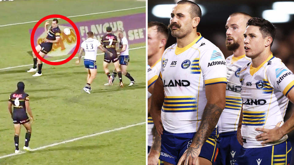 Penrith Panthers and Parramatta Eels players during their NRL clash.