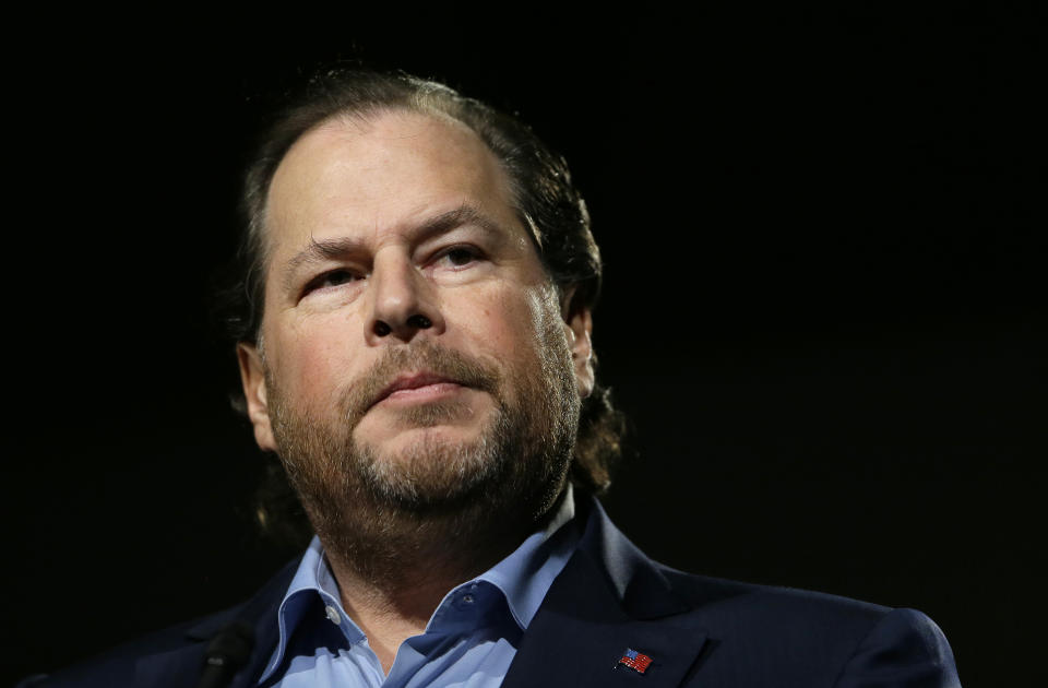 FILE - In this photo taken Tuesday, Oct. 30, 2018, Salesforce CEO Marc Benioff speaks at a luncheon in San Francisco. In a forthcoming book, “Trailblazer,” due out Oct. 15, 2019, Benioff calls on activist CEOs to lead a revolution that puts the welfare of people and the planet ahead of profits. (AP Photo/Eric Risberg, File)