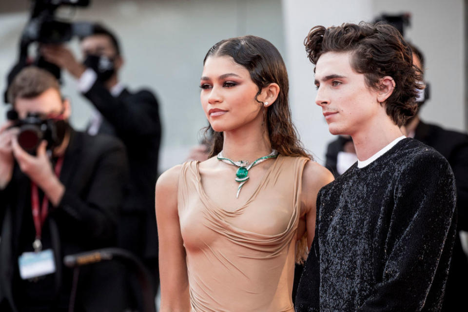 Zendaya (L) and Tomothee Chalamet attend the red carpet of the movie "Dune"