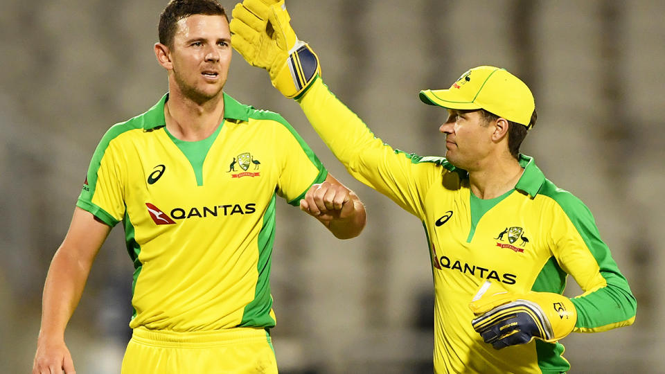 Josh Hazlewood and Alex Carey, pictured here during the first ODI between Australia and England.