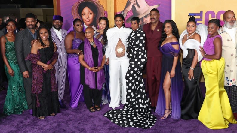 (Left to right) Adetinpo Thomas, Deon Cole, Brenda Russell, Blitz Bazawule, Danielle Brooks, Alice Walker, Alicia Keys, Ciara and Fantasia Barrino-Taylor, Colman Domingo, Gabriella Wilson aka H.E.R., Taraji P. Henson, Phylicia Pearl Mpasi and David Alan Grier attend the Dec. 6 world premiere of Warner Bros.’ “The Color Purple” at the Academy Museum of Motion Pictures in Los Angeles, California. (Photo by Leon Bennett/Getty Images)