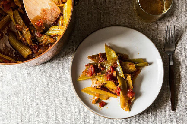 Marcella Hazan's Braised Celery with Tomato, Onion & Pancetta