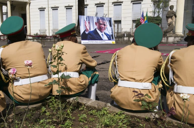 Members of the Ethiopian Defense Forces Band await the arrival of US President Barack Obama for a welcoming ceremony at the National Palace in Addis Ababa on July 27, 2015