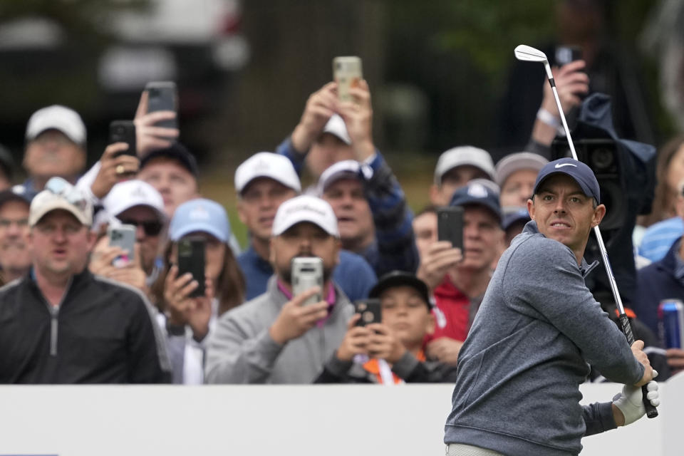 Rory McIlroy, of Northern Ireland, watches his tee shot on the eighth hole during the third round of the PGA Championship golf tournament at Southern Hills Country Club, Saturday, May 21, 2022, in Tulsa, Okla. (AP Photo/Matt York)
