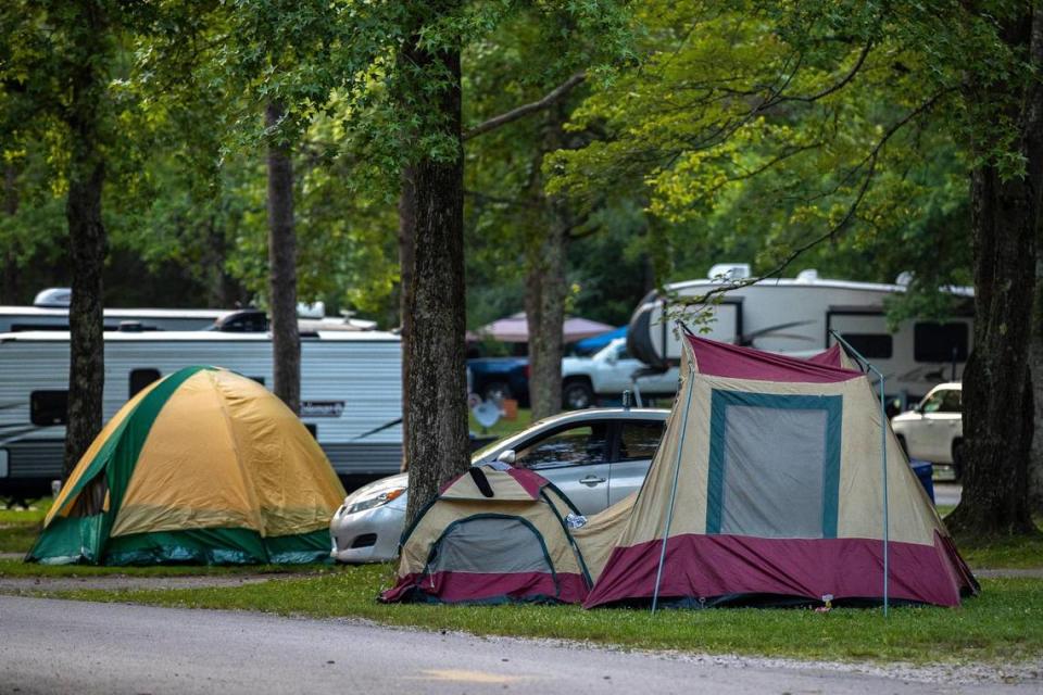 Tents are setup at the campground at Jenny Wiley State Resort Park in Prestonsburg, Ky., on Monday, June 28, 2021.