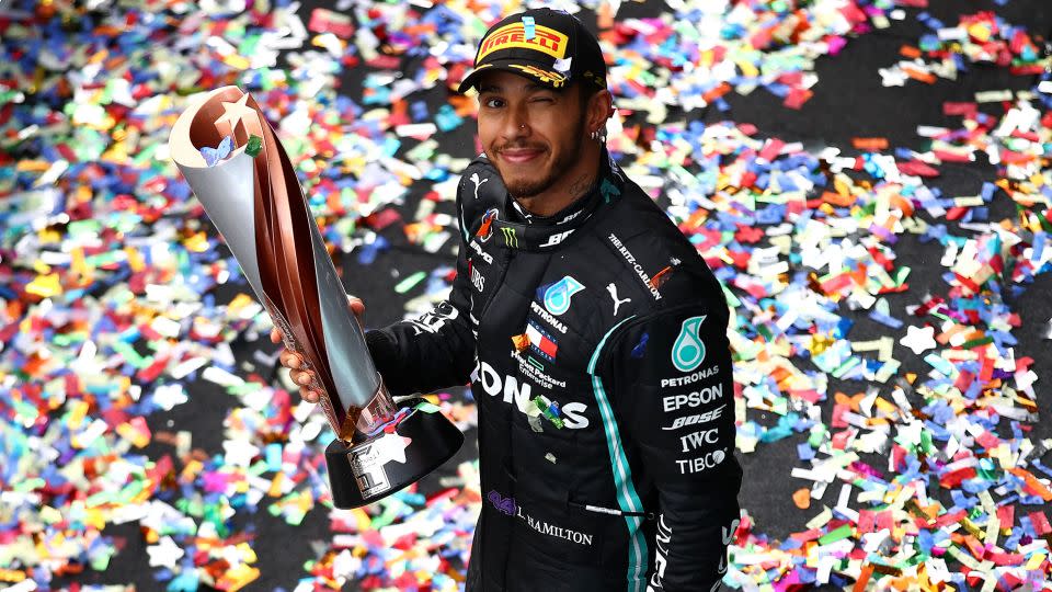 Hamilton celebrates after claiming his seventh Drivers' title in 2020. - Bryn Lennon/Getty Images