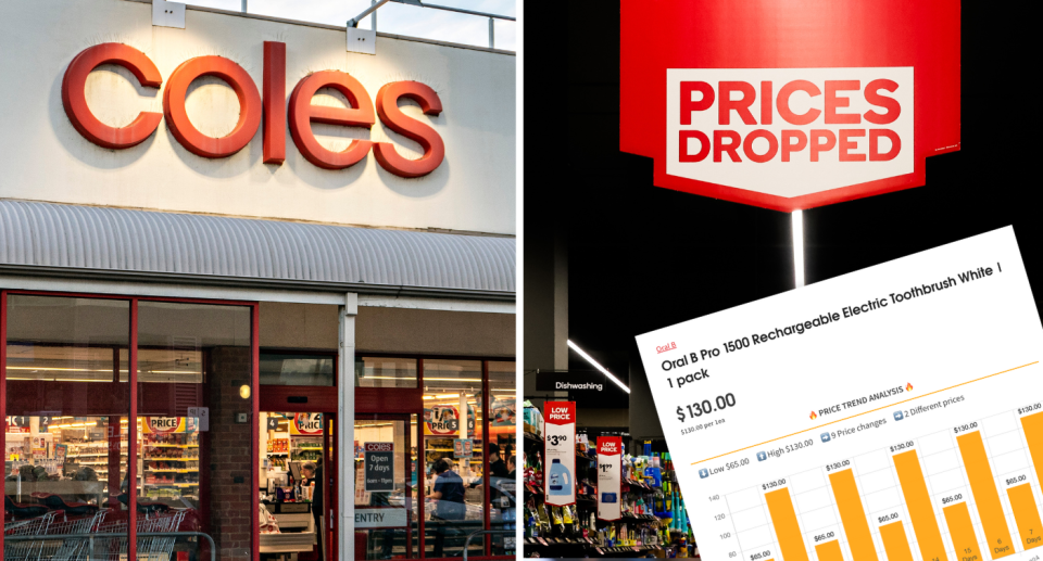 Coles supermarket outside and inside with a graph showing prices 