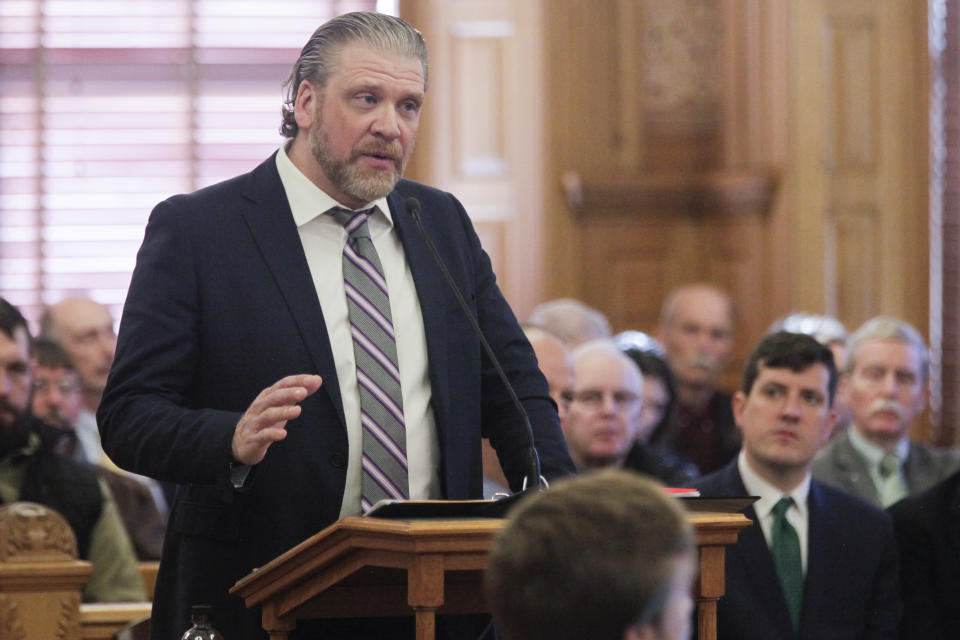 Gary Salsman, a vice president for Keystone pipeline operator TC Energy, gives a briefing on a December oil spill in Washington County for two Kansas House committees, Tuesday, March 14, 2023, at the Statehouse in Topeka, Kan. Salsman sought to reassure lawmakers that the company is committed to fully cleaning up the spill and operating the pipeline safely. (AP Photo/John Hanna)