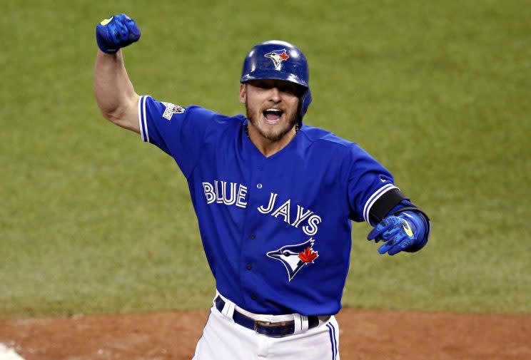 Josh Donaldson may not have been with the Blue Jays, but he still celebrated Thursday's win. (AP Photo)