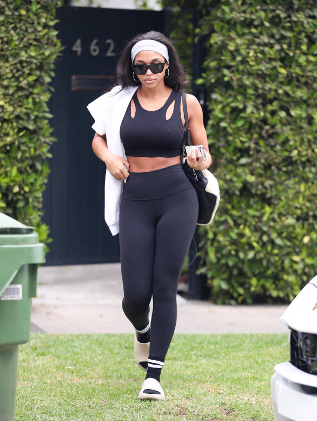 Lori Harvey glistens wearing a sports bra and leggings after Pilates class  in West Hollywood