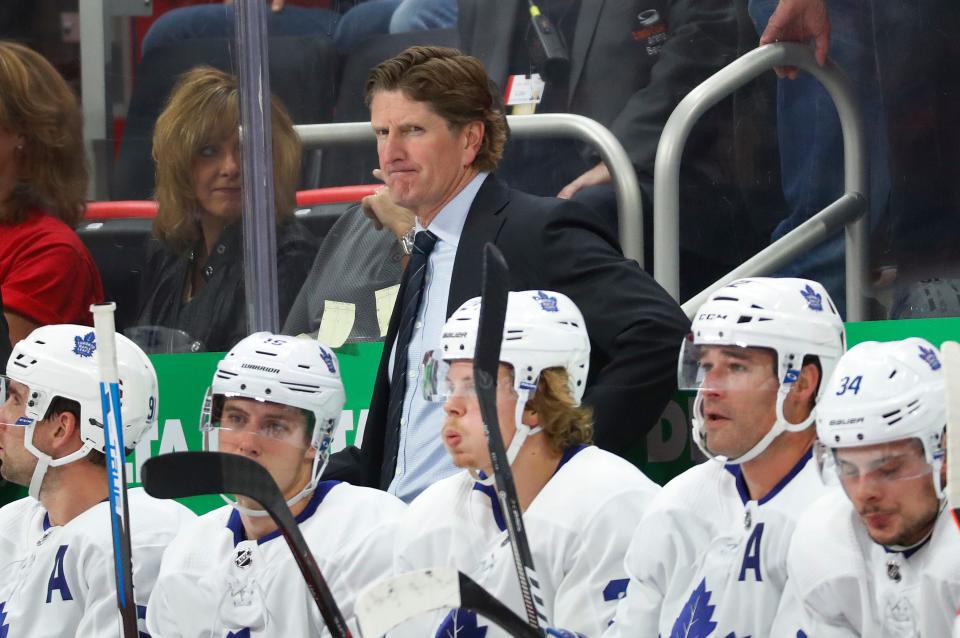 Maple Leafs coach Mike Babcock watches during the first period on Thursday, Oct. 11, 2018, at Little Caesars Arena.