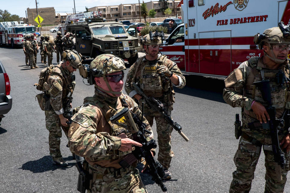 Law enforcement agencies respond to an active shooter at a Wal-Mart near Cielo Vista Mall in El Paso, Texas, Saturday, Aug. 3, 2019. (Photo: Joel Angel Juarez/AFP/Getty Images)