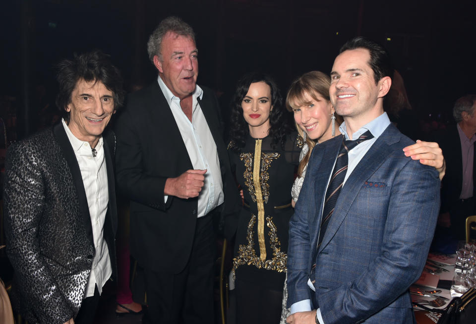 LONDON, ENGLAND - MARCH 16:  (L to R) Ronnie Wood, Jeremy Clarkson, Sally Wood, Karoline Copping and Jimmy Carr attend the Roundhouse Gala at The Roundhouse on March 16, 2017 in London, England.  (Photo by David M. Benett/Dave Benett/Getty Images for Roundhouse)