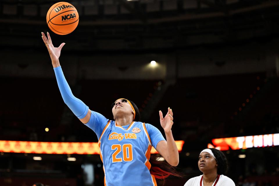 GREENVILLE, SOUTH CAROLINA - MARCH 08: Tamari Key #20 of the Tennessee Lady Vols catches a rebound against the Alabama Crimson Tide in the fourth quarter during the quarterfinals of the SEC Women's Basketball Tournament at Bon Secours Wellness Arena on March 08, 2024 in Greenville, South Carolina. (Photo by Eakin Howard/Getty Images) ORG XMIT: 776116554 ORIG FILE ID: 2069236254