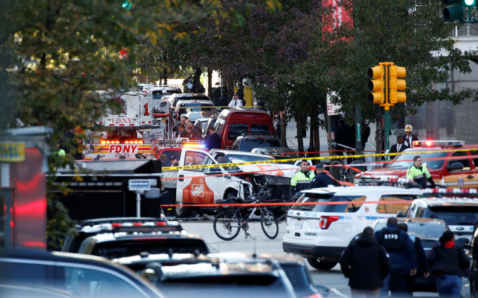 <p>A Home Depot truck which struck down multiple people on a bike path, killing several and injuring numerous others is seen as New York city first responders are at the crime scene in lower Manhattan in New York, Oct. 31, 2017. (Photo: Brendan McDermid/Reuters) </p>