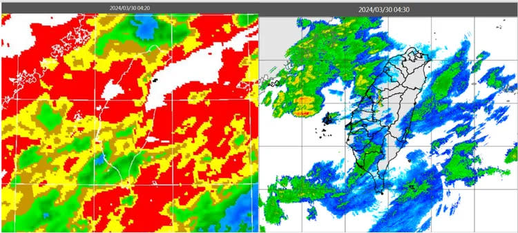 今(30日)晨4：20紅外線色調強化雲圖顯示，台灣上空的雲層，大多為結構鬆散的中高雲(左圖)；4：30雷達回波合成圖顯示，台灣上空的雲層伴隨弱降水回波(右圖)。取自氣象應用推廣基金會