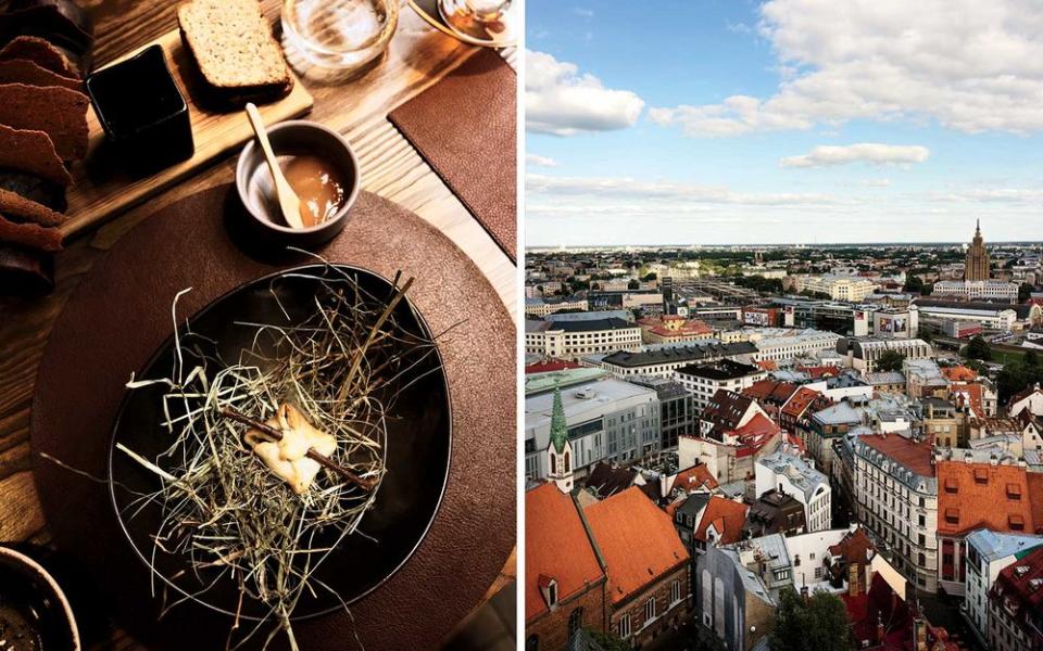 From left: Salted forest mushroom and fern pastry at Restorans 3, a contemporary bistro in the heart of Riga, the capital of Latvia; a view of Riga from St. Peter’s Church, which dates back to the 13th century.