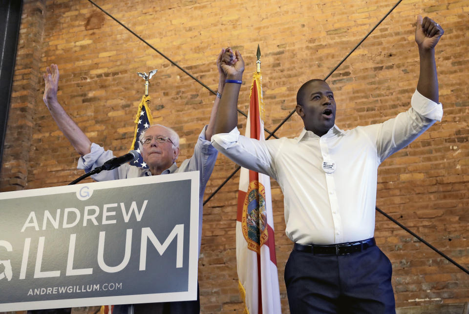 Sen. Bernie Sanders (I-Vt.), left, campaigns for then-Democratic gubernatorial hopeful Andrew Gillum. Sanders' involvement in primaries is a selling point for his supporters. (Photo: ASSOCIATED PRESS/Chris O'Meara)