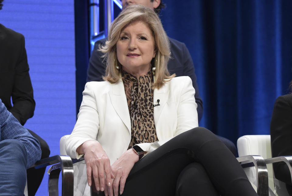 FILE - In this July 25, 2018 file photo, executive producer Arianna Huffington participates in the "Valley of the Boom" panel during the National Geographic Television Critics Association Summer Press Tour at The Beverly Hilton hotel in Beverly Hills, Calif. A “behavior change" company founded by Huffington is teaming with Hachette Book Group on a series of wellness guides. The first release, “Your Time to Thrive,” comes out in March 2021. (Photo by Richard Shotwell/Invision/AP, File)