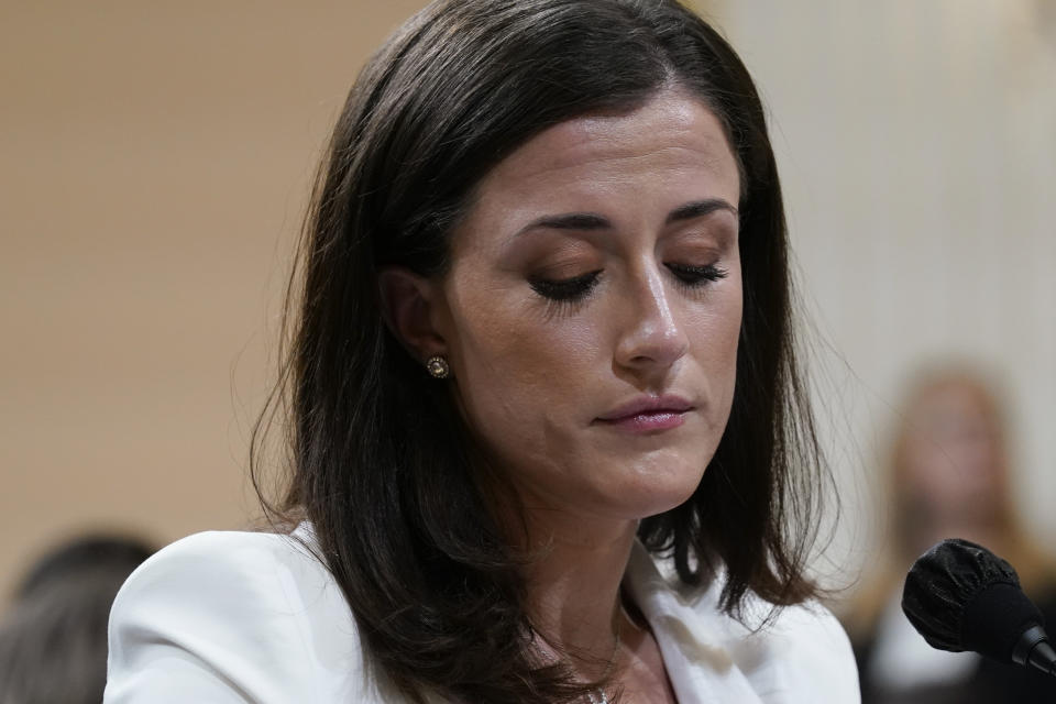 Cassidy Hutchinson, former aide to Trump White House chief of staff Mark Meadows, testifies as the House select committee investigating the Jan. 6 attack on the U.S. Capitol holds a hearing at the Capitol in Washington, Tuesday, June 28, 2022. (AP Photo/J. Scott Applewhite)