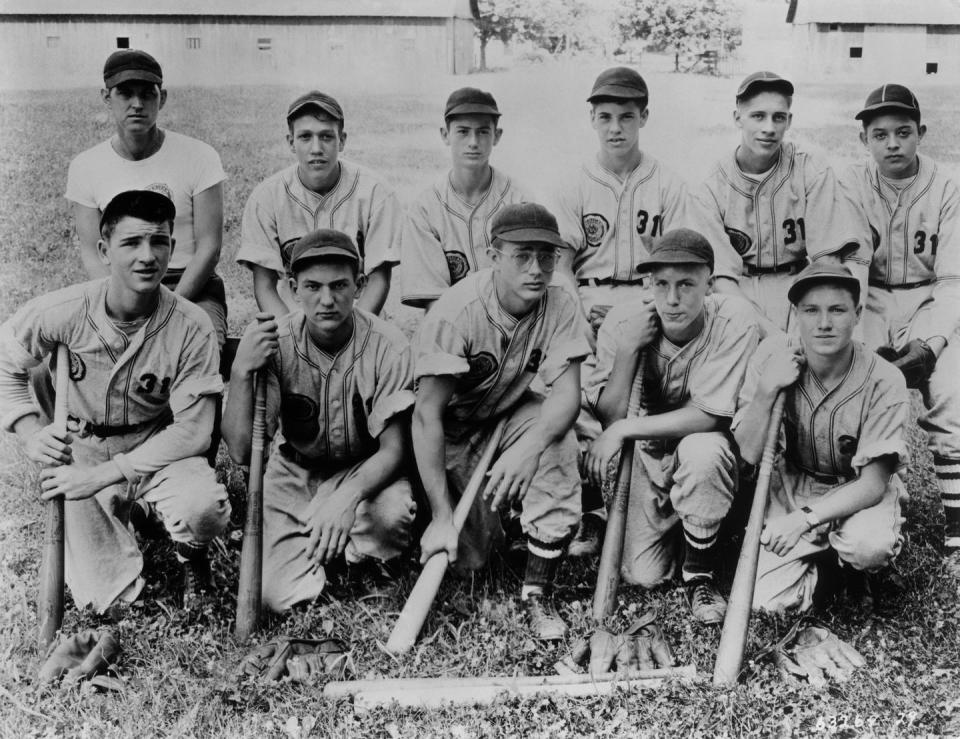 <p>Dean (front, center) and his high school baseball team pictured in 1948 in Indiana. </p>