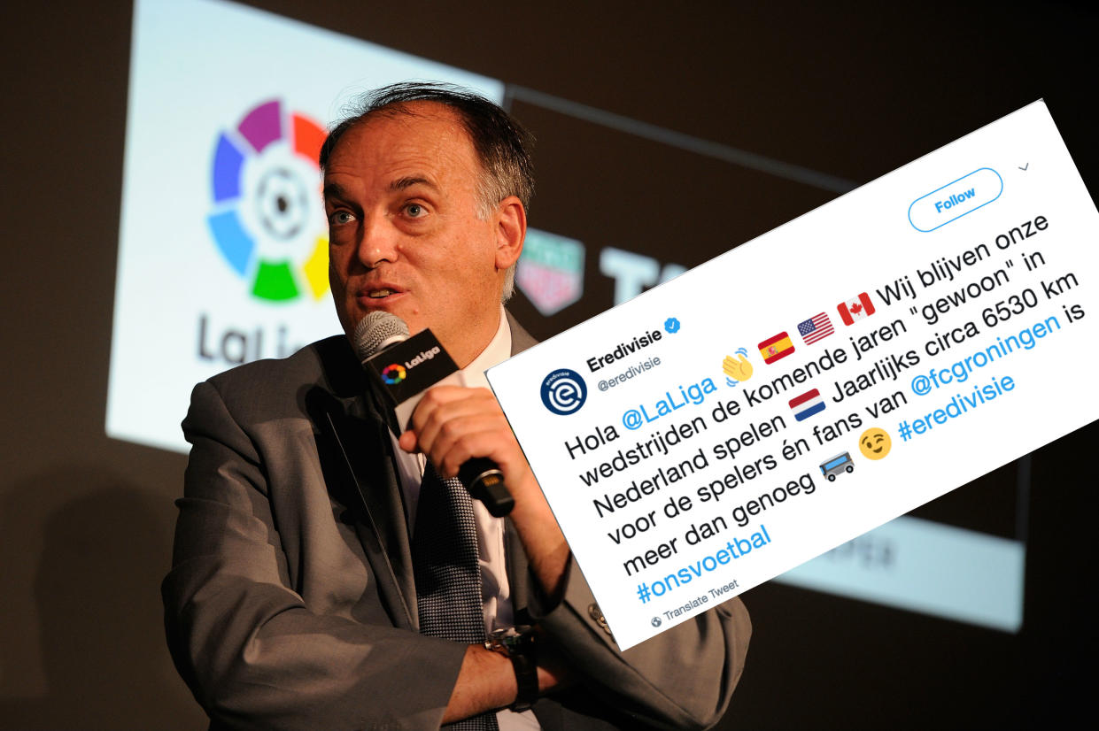 Javier Tebas y un tweet de la Eredivisie. | Foto: Getty